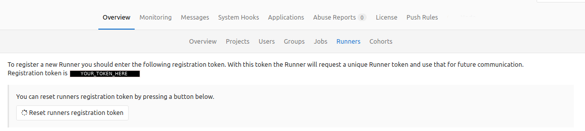 GitLab Admin area Runners Token